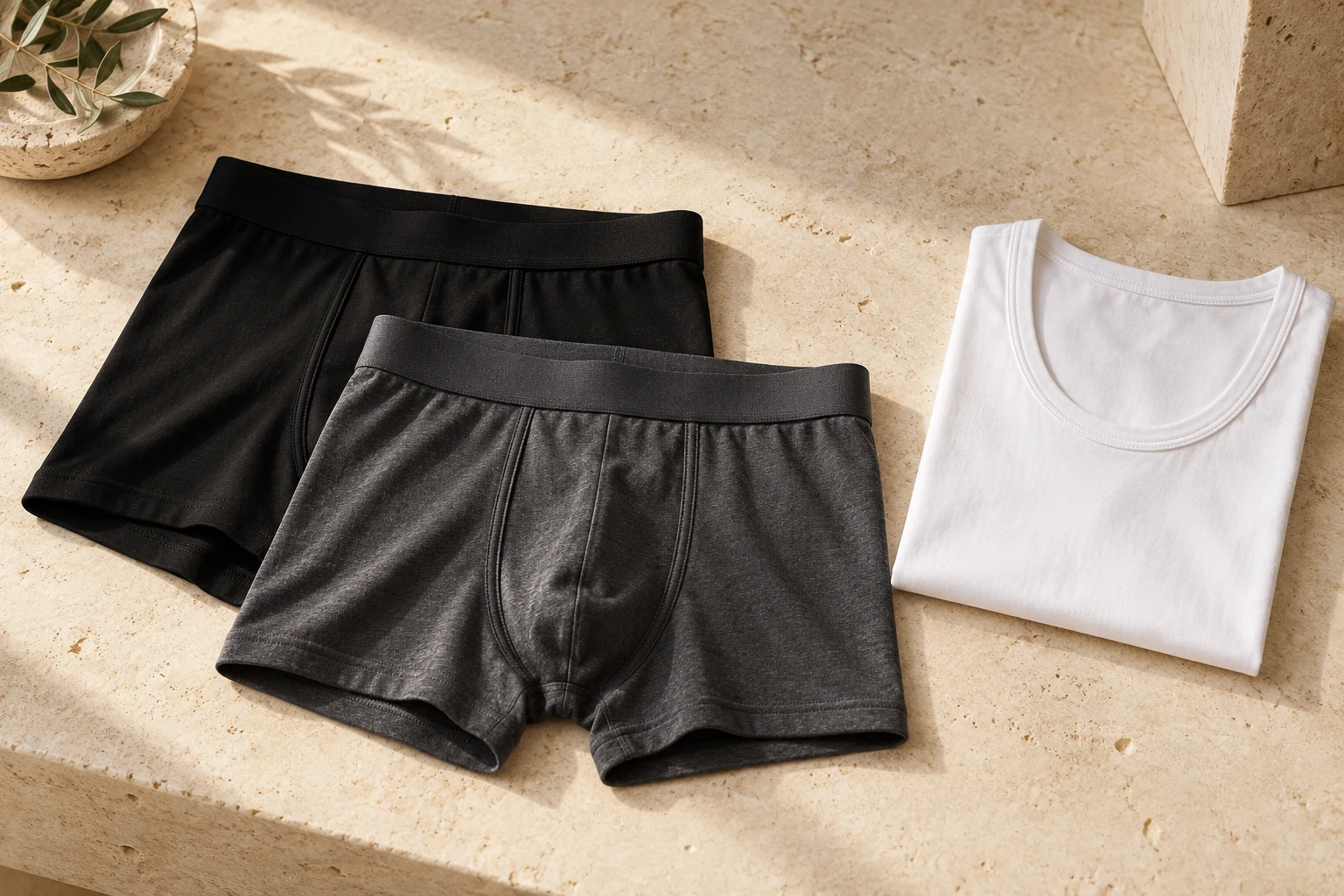 Boxer neri e grigi con t-shirt bianca da uomo