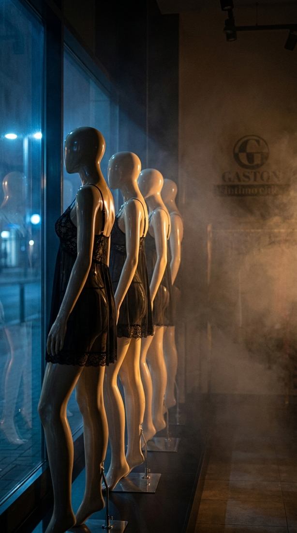 Manichini in sottoveste nera nella vetrina di Gaston, di sera